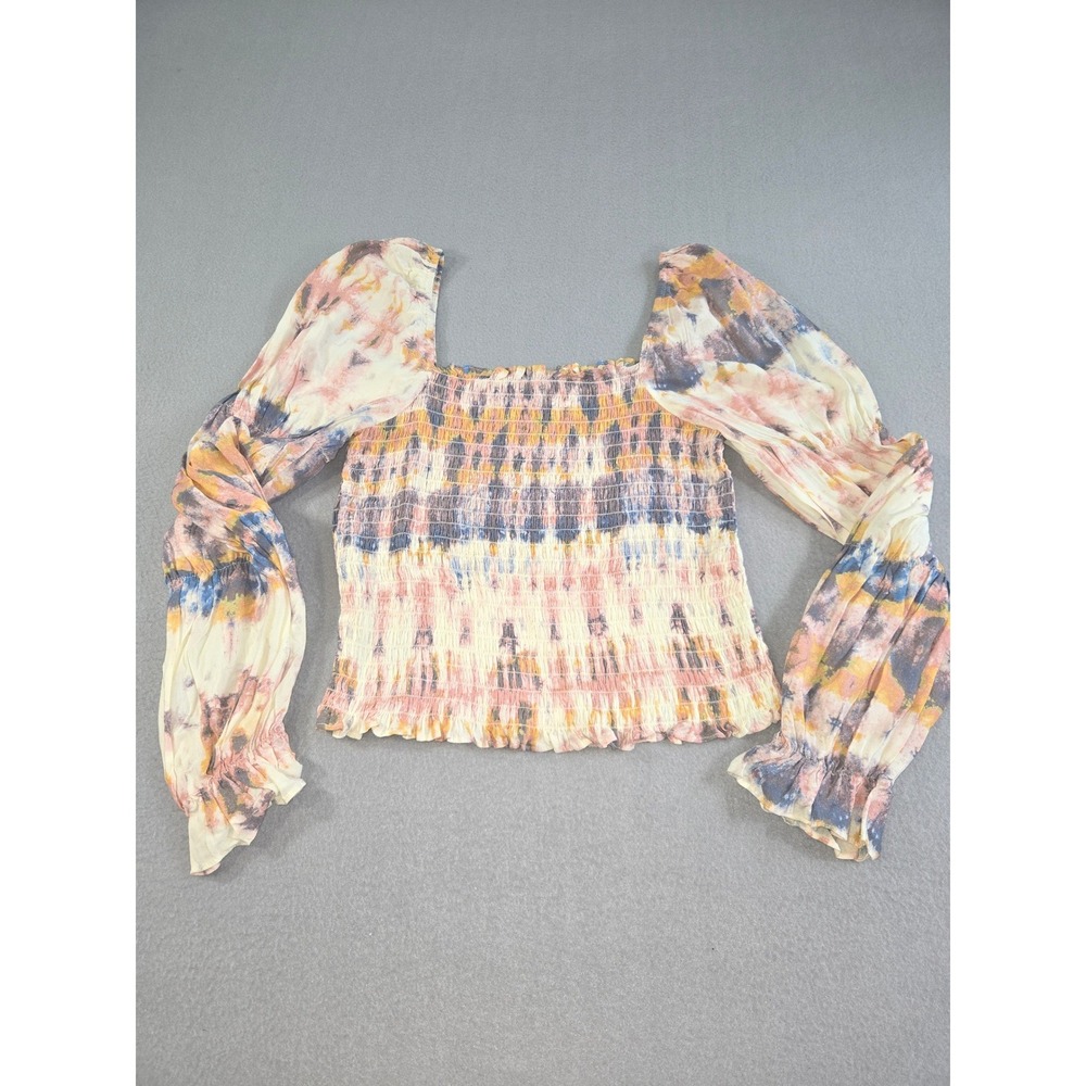 Abound Smocked Peasant Top Womens Large Multicolor Tie Dye Square Neck Balloon